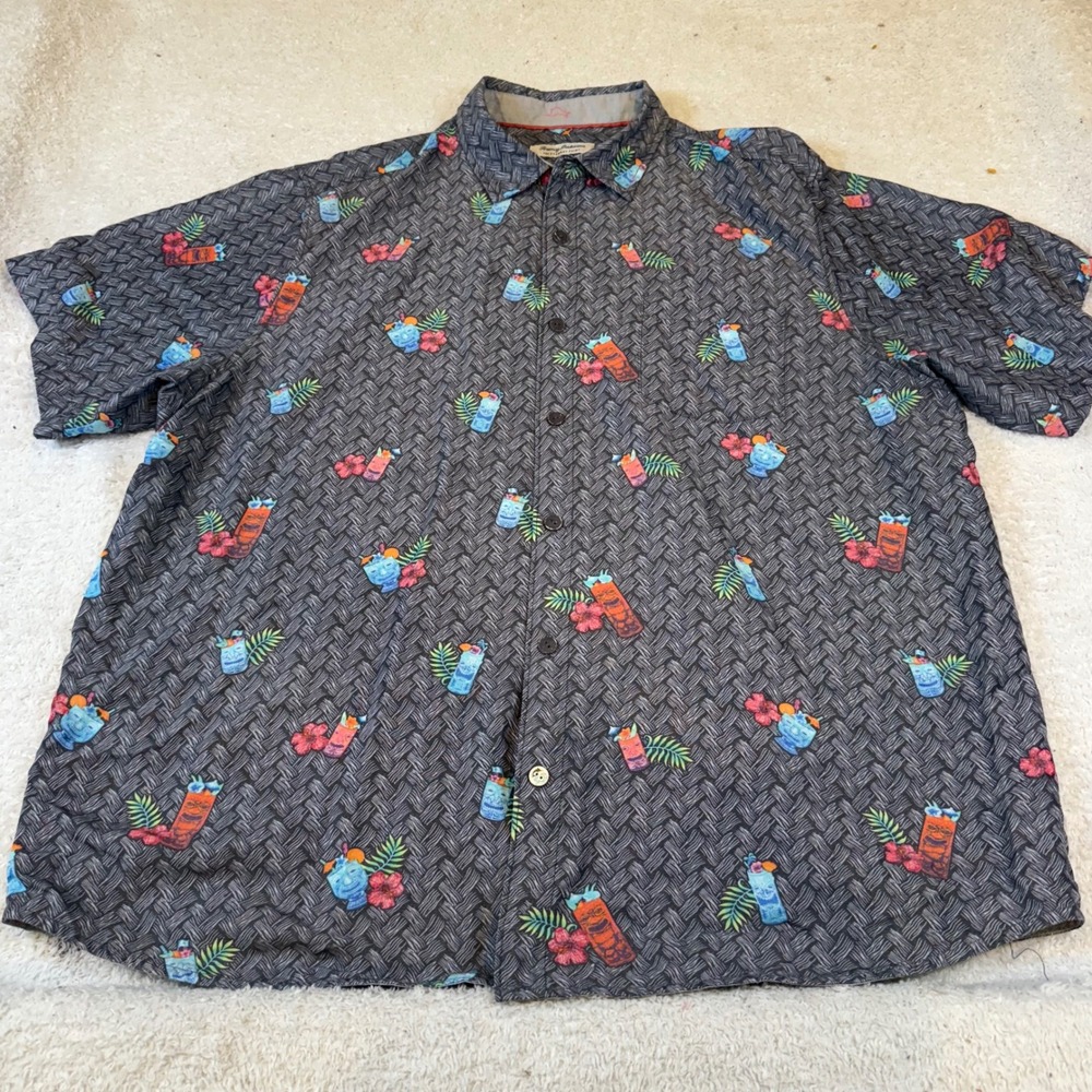 Tommy Bahama Coconut Point Tiki Cocktail Shirt Mens 2XLT Tall Grey Coolmax Modal